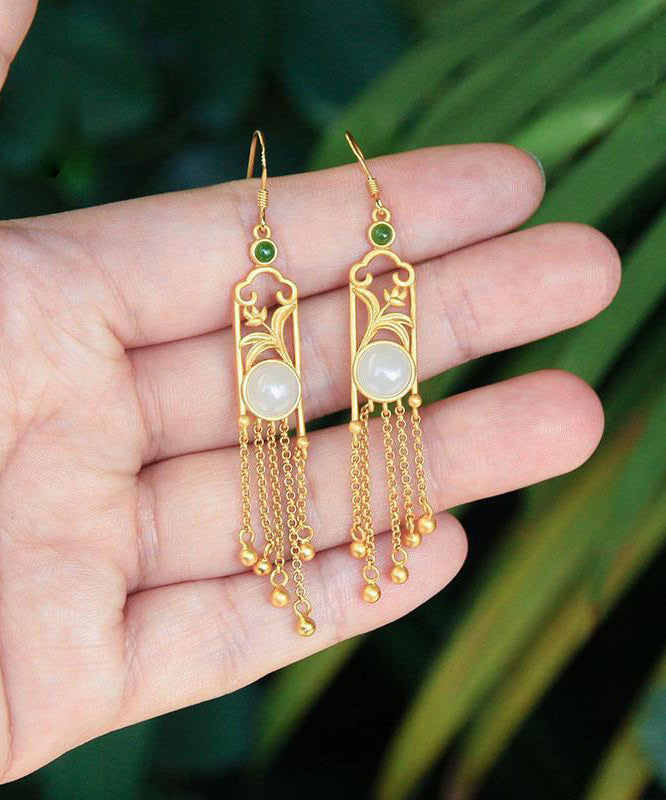 White Sterling Silver Jade Tassel Drop Earrings