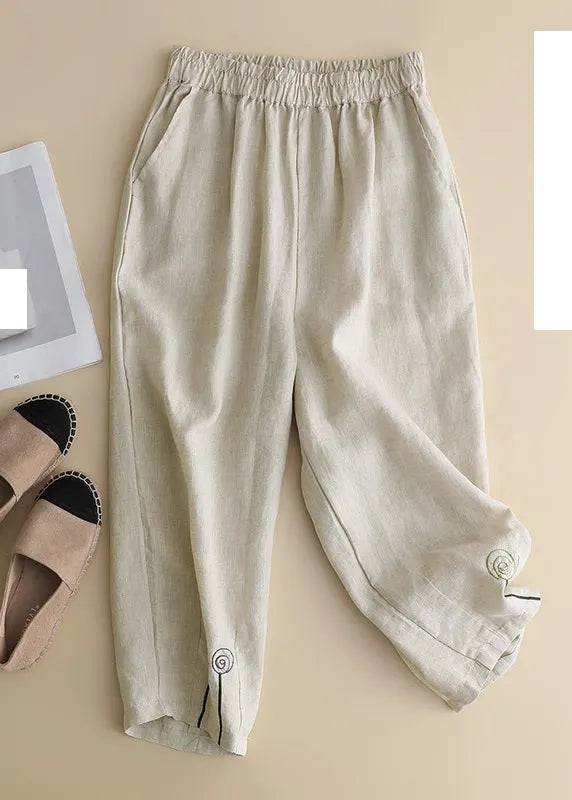 Brief Khaki Embroidered High Waist Linen Harem Pants Summer