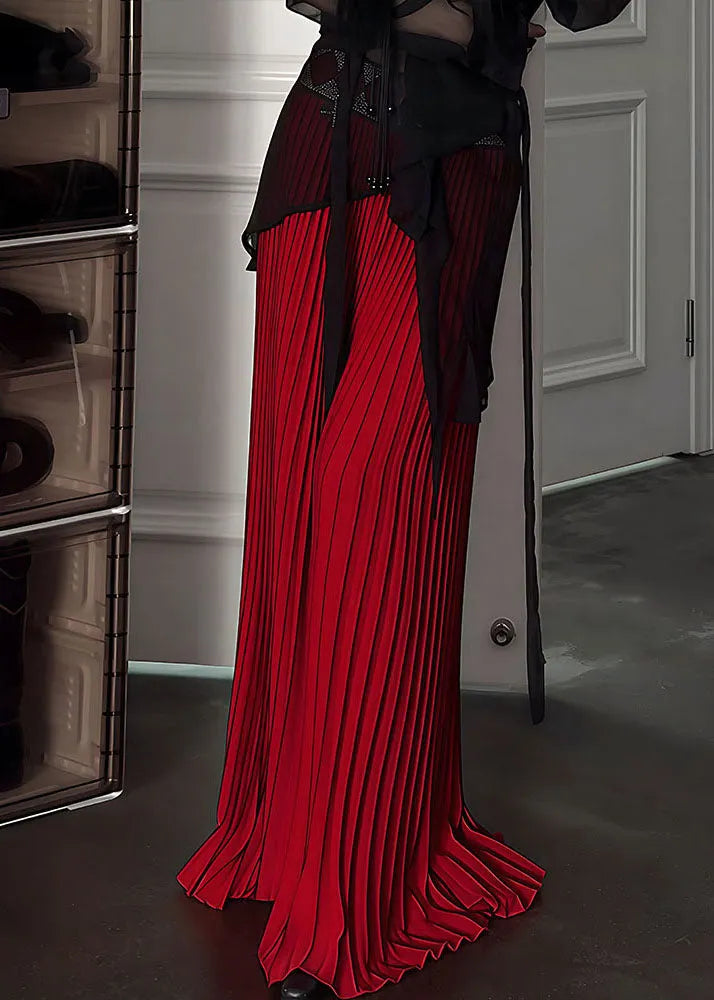 Red Elastic Waist Draping Silk Pleated Skirt Spring