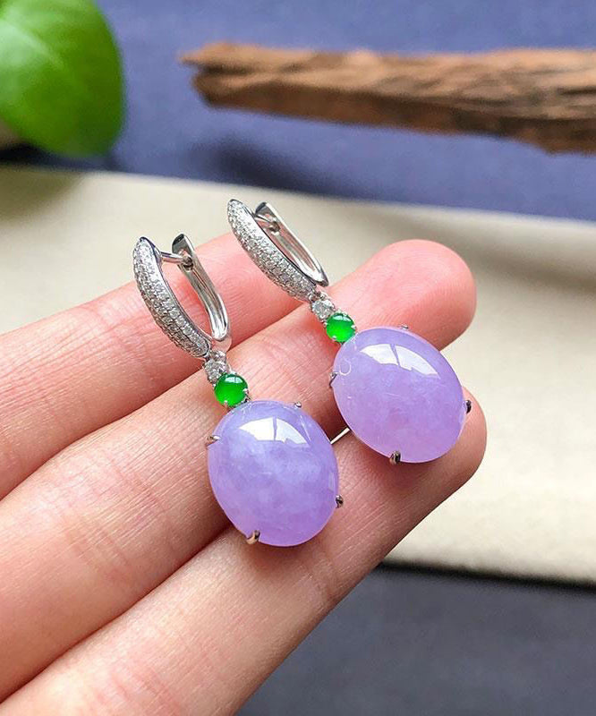 Purple Sterling Silver Inlaid Zircon Jade Drop Earrings