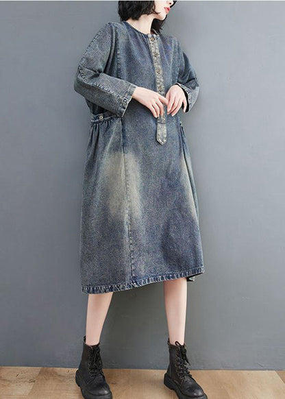 Retro Blue O-neck Patchwork Button Pockets Cotton Denim Dresses Long Sleeve