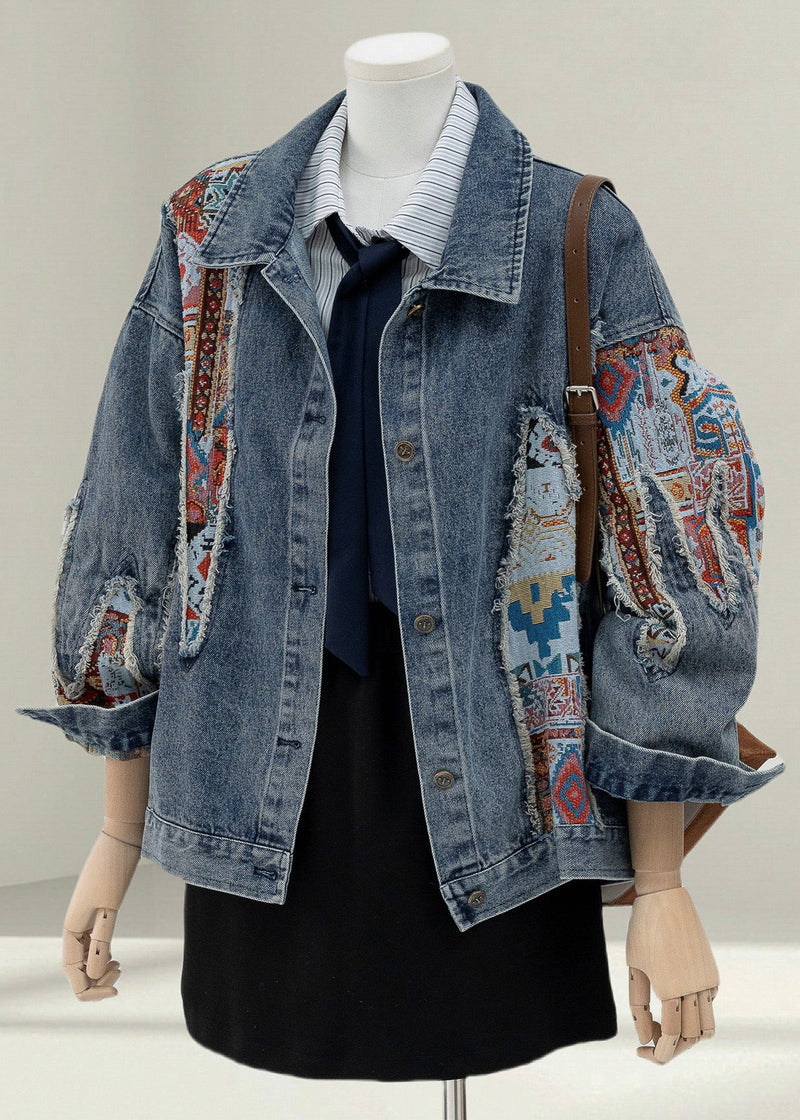 Blue Peter Pan Collar Jacquard Patchwork Denim Coat Fall