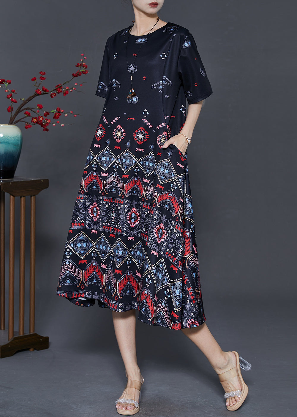 Black Print Exra Large Hem Silk Dresses Summer