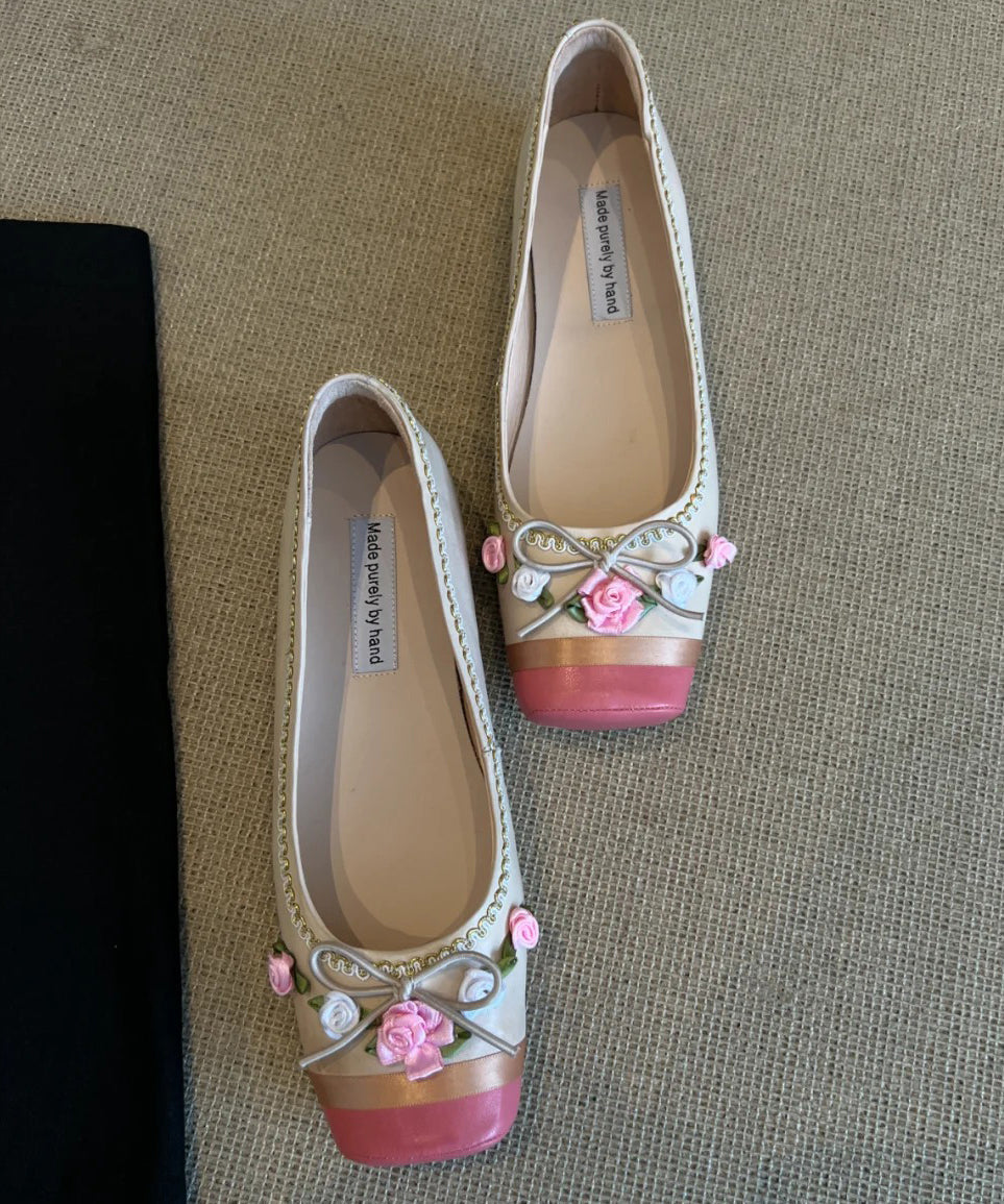 Pink Embroidered Splicing French Flat Shoes for