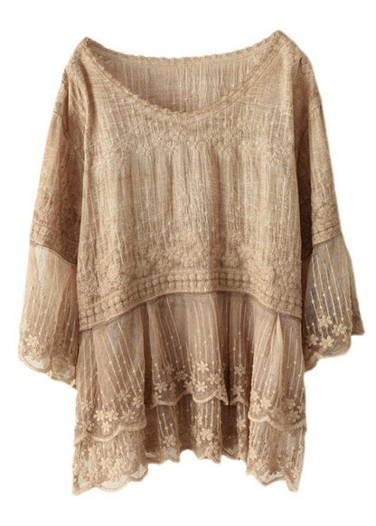 Loose Khaki O-neck Embroidered Patchwork Summer Shirts Half Sleeve