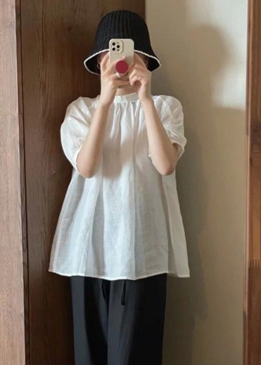 Japanese Style Blue O-neck Puff Sleeve Cotton T Shirt
