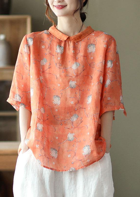 Diy Orange Print3 Ramie Half Sleeve Shirt Summer