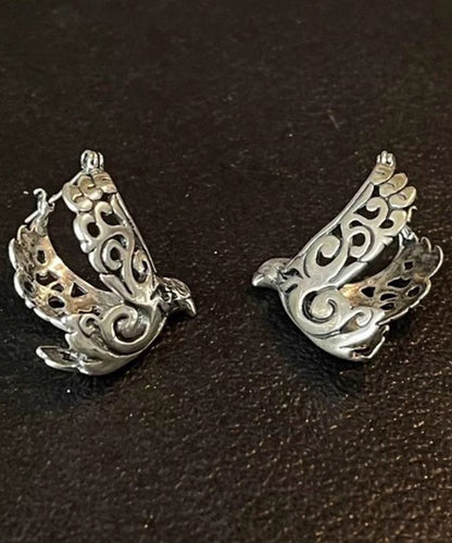 Retro Silk Sterling Silver Carve Bird in Flight Hollow Out Hoop Earrings