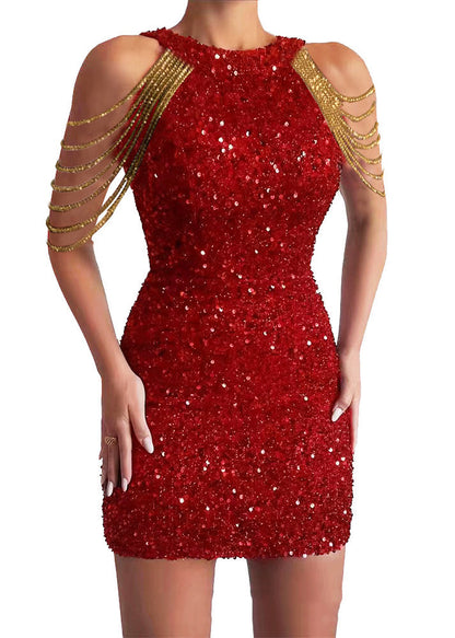 New Pink Neck Hanging Crystal Chain Sequin Dress