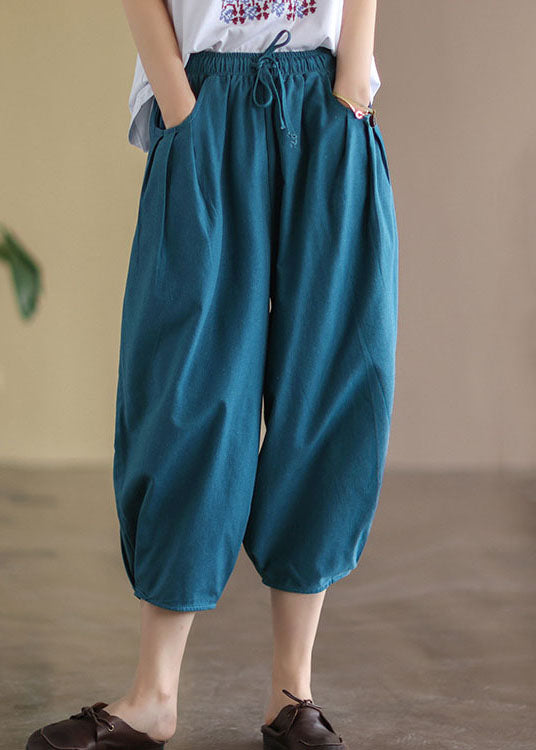 Italian Blue Wrinkled Pockets Linen Crop Pants Summer