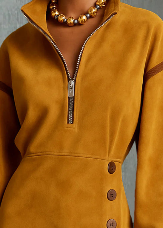 New Yellow High Neck Zip Up Patchwork Cotton Mini Dress Fall