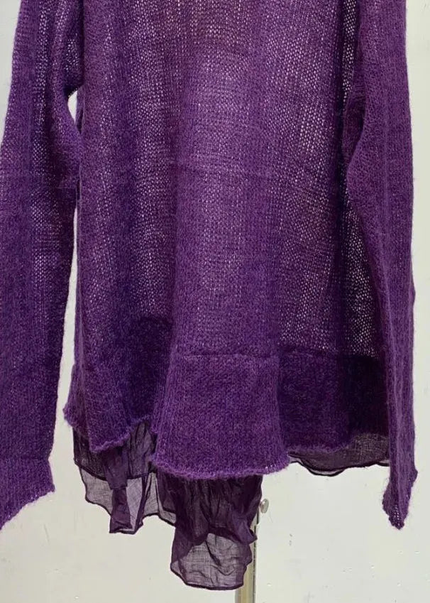 Purple Turtleneck Hollow Out Knit Sweaters Fall