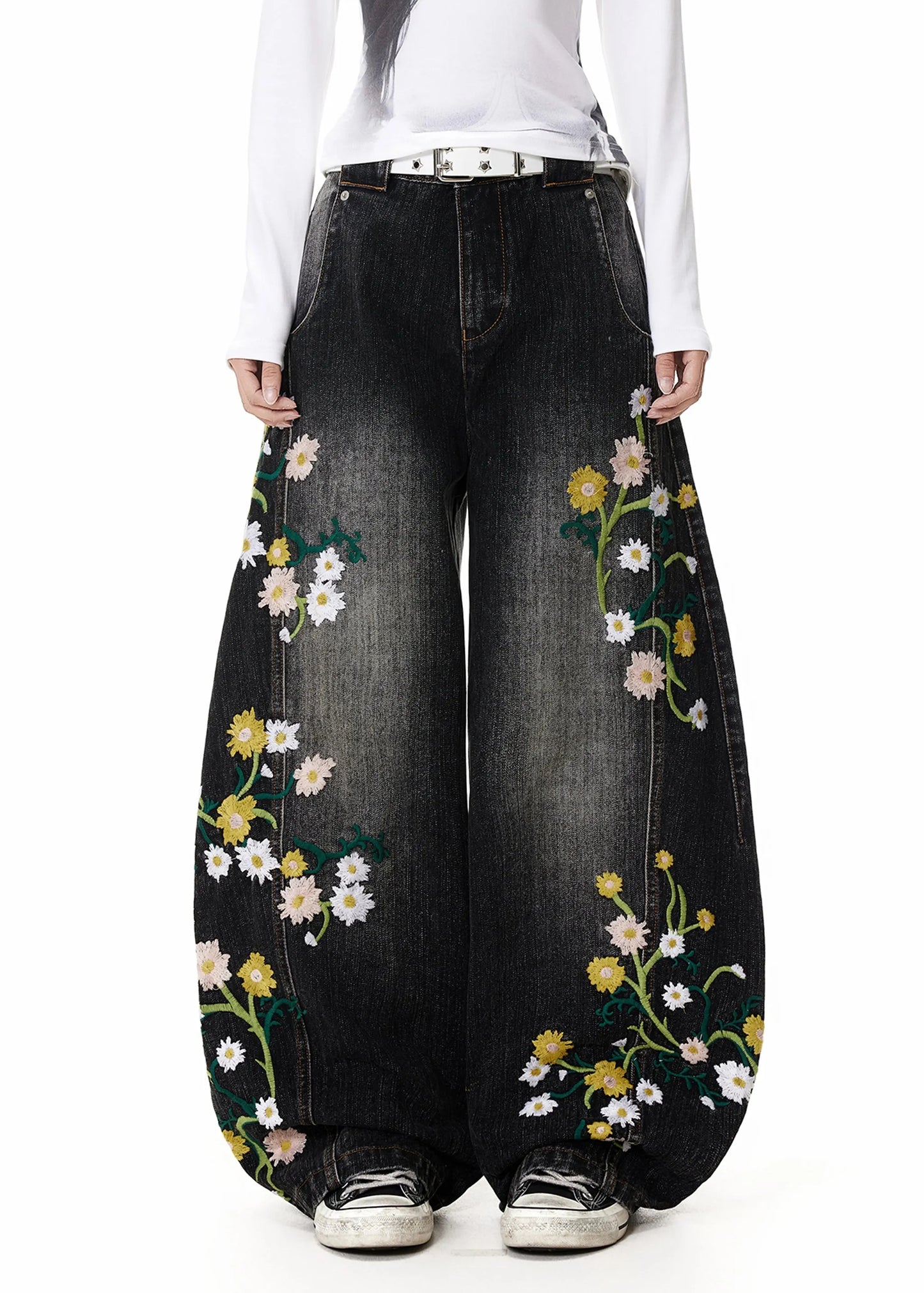 Fine Black Embroidered High Waist Denim Pants Fall