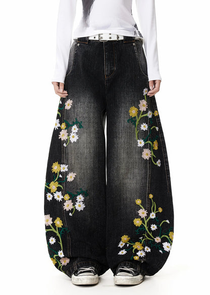 Fine Black Embroidered High Waist Denim Pants Fall