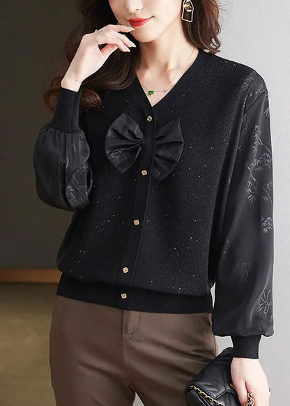 Black V Neck Bow Silk Patchwork Knit Shirt Top Spring
