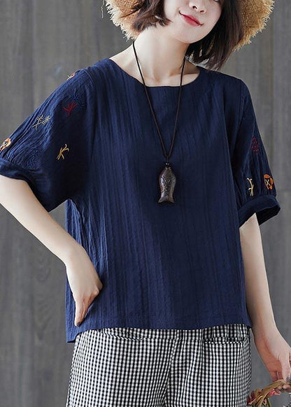 Navy Embroidered Cotton Linen T Shirts Summer