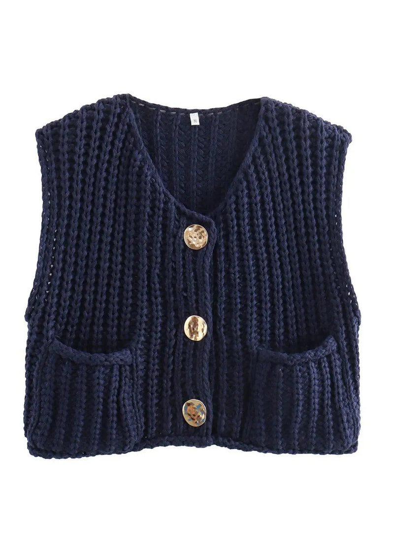 Blue Pockets Button Knit Vest Sleeveless