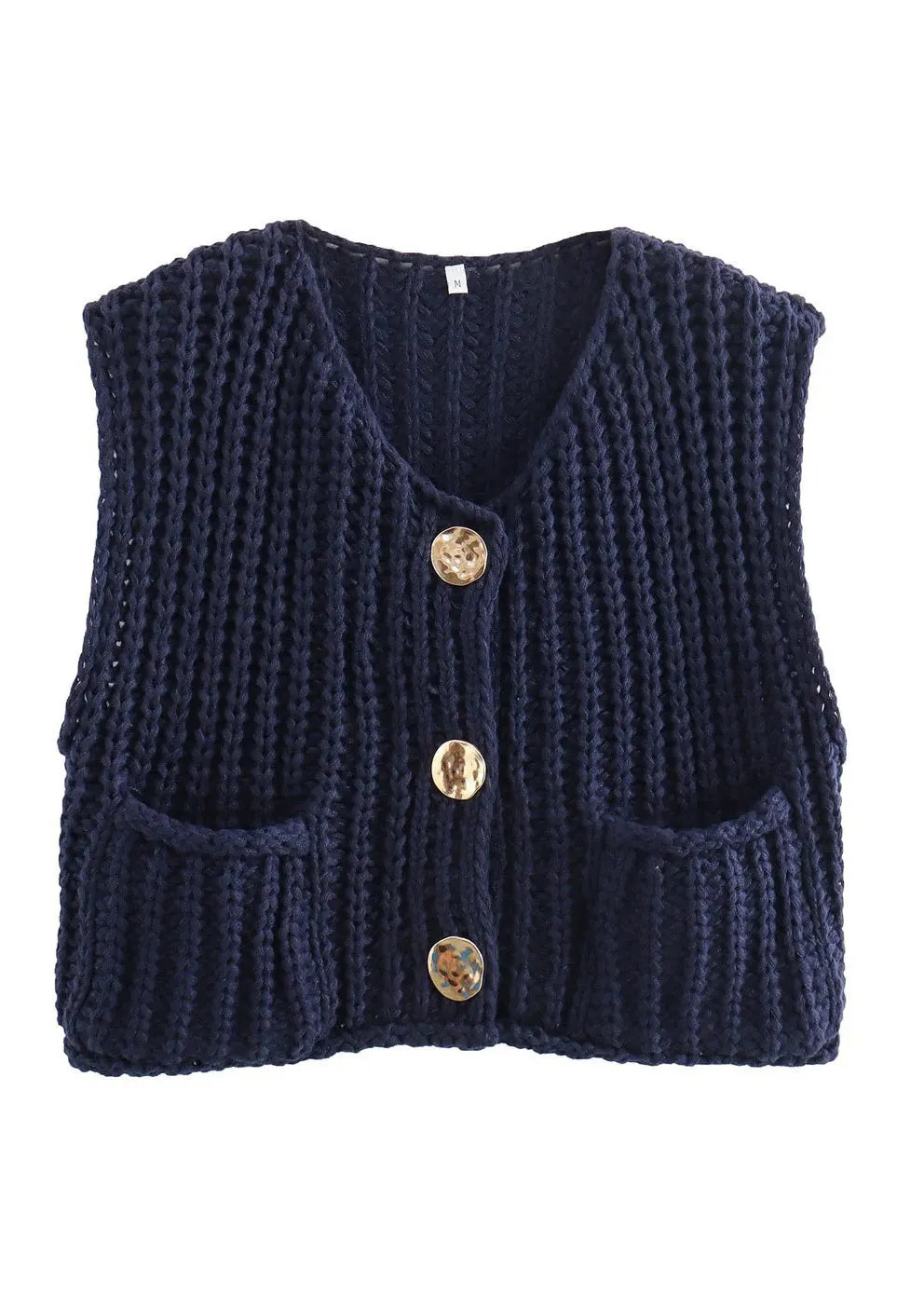 Blue Pockets Button Knit Vest Sleeveless