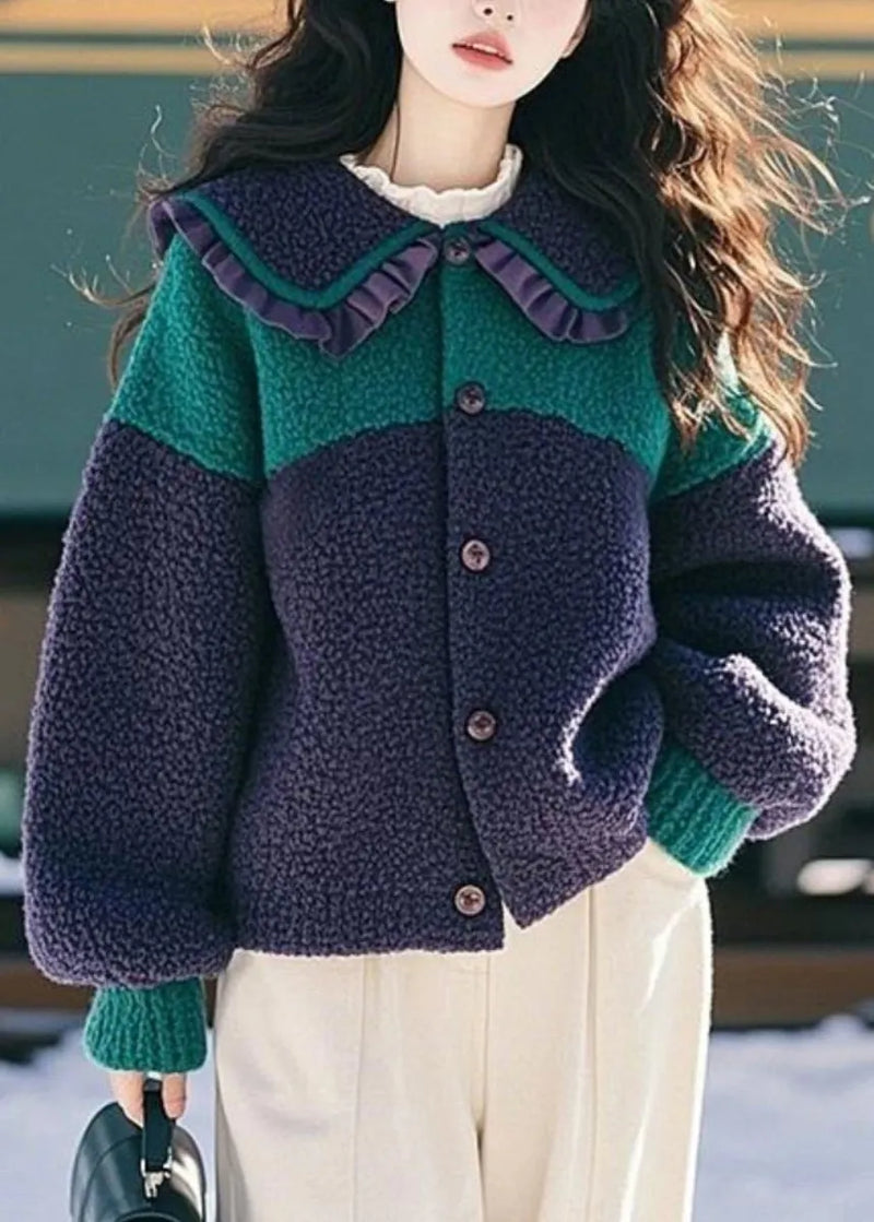 Navy Peter Pan Collar Ruffled Button Faux Fur Coat Spring