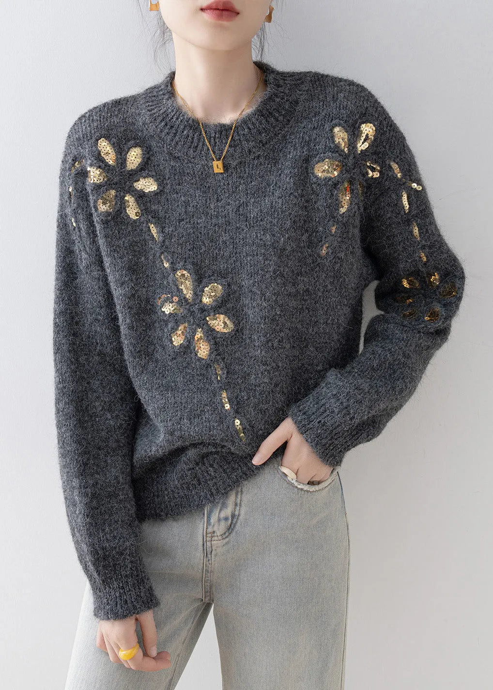 Fitted Grey O Neck Sequins Loose Knit Sweaters Spring