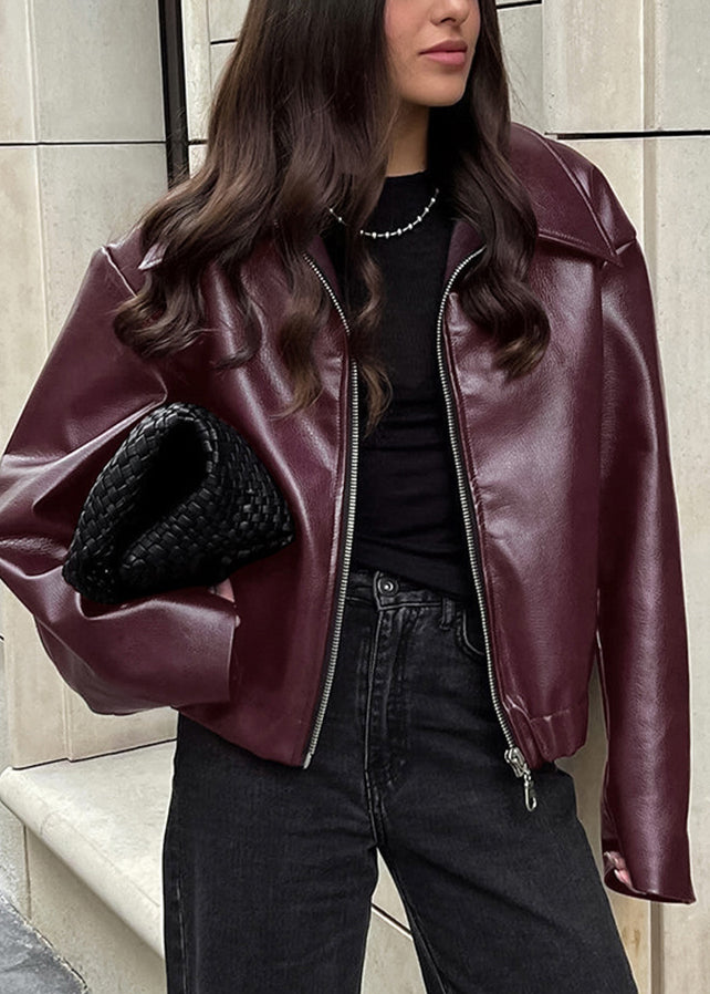 Mulberry Peter Pan Collar Zip Up Faux Leather Coats Fall
