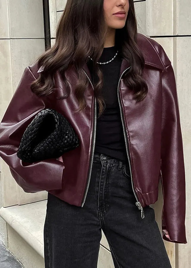 Mulberry Peter Pan Collar Zip Up Faux Leather Coats Fall