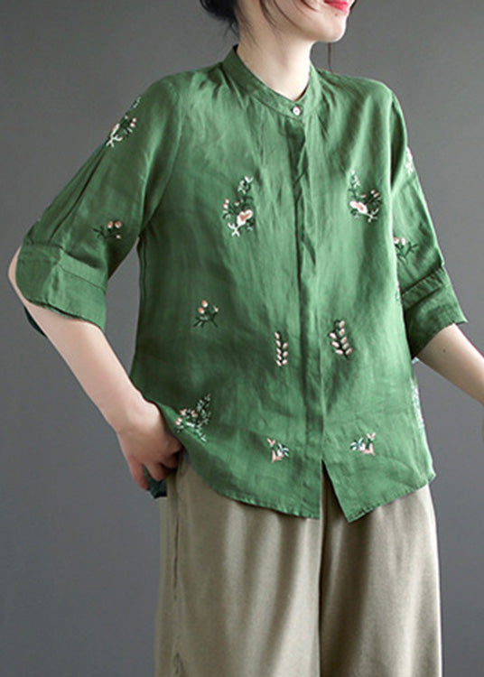 Art Khaki Embroidered Button Ramie Shirt Half Sleeve