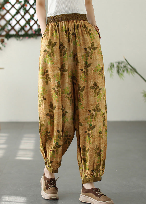 Yellow Wrinkled Elastic Waist Crop Lantern Pants