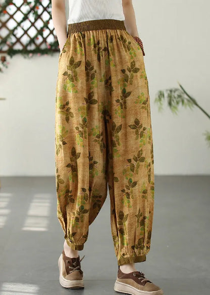 Yellow Wrinkled Elastic Waist Crop Lantern Pants