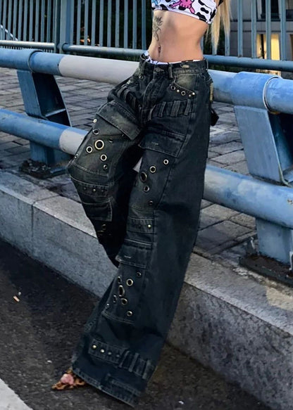 European and American Style Blue Rivet Denim Wide Leg Pants Fall