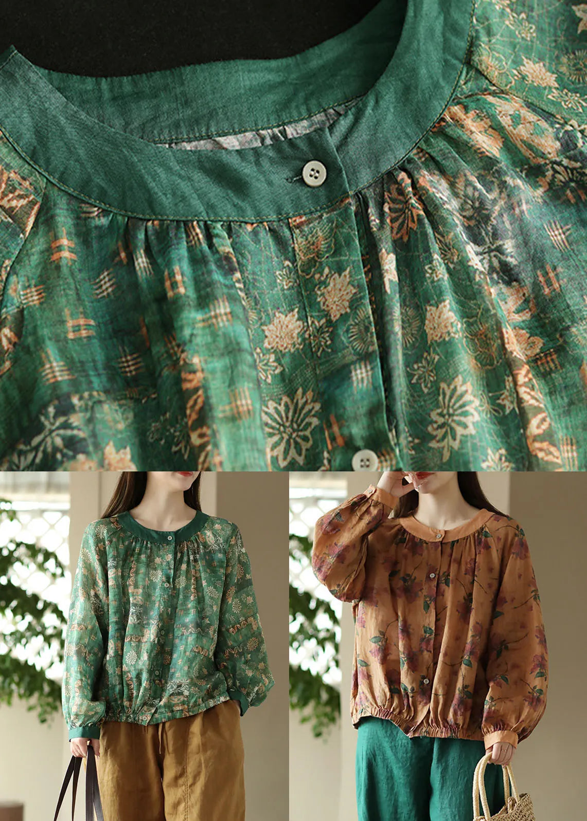 Orange O Neck Wrinkled Print Patchwork Linen Shirt Tops Spring