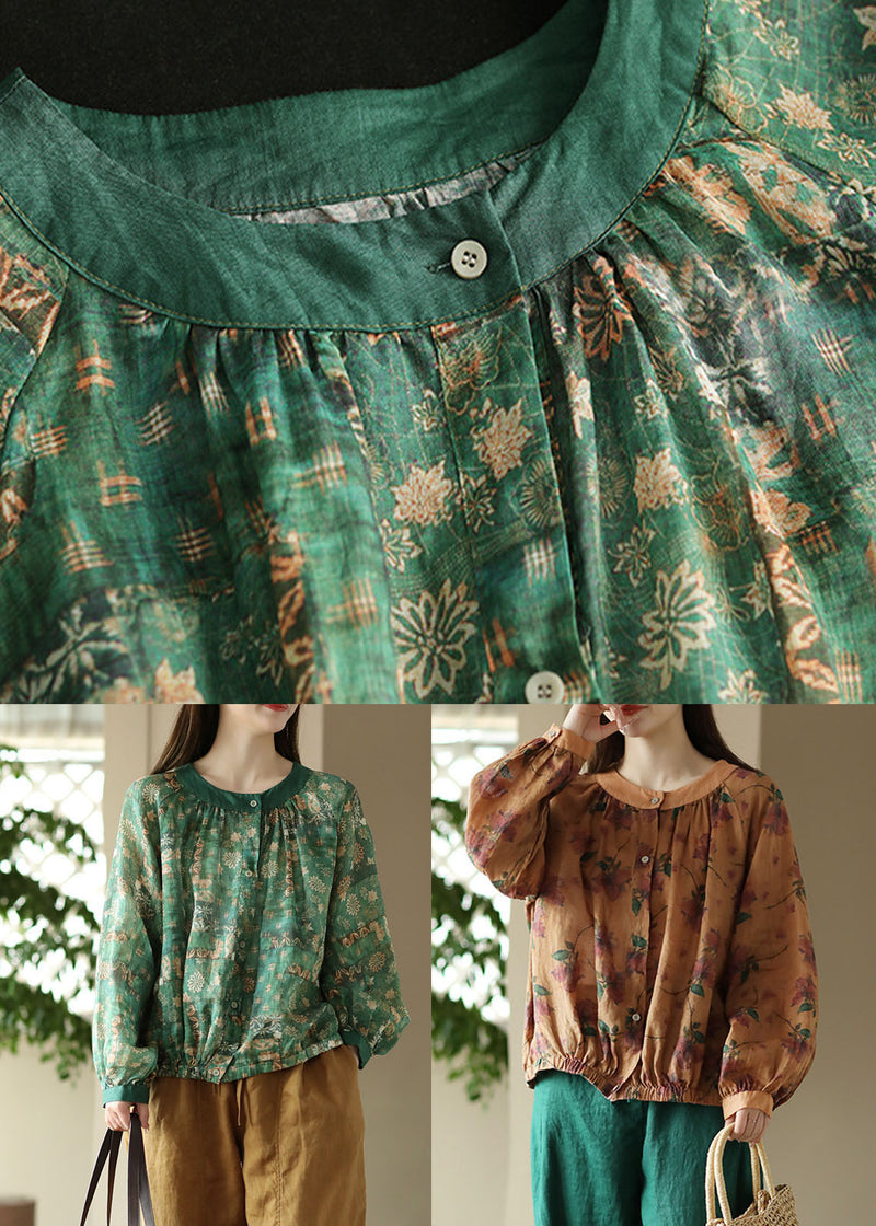 Orange O Neck Wrinkled Print Patchwork Linen Shirt Tops Spring