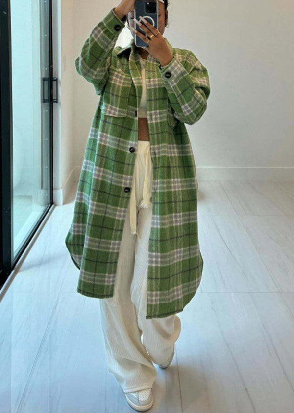 Purple Pockets Plaid Woolen Shirts Coat Fall
