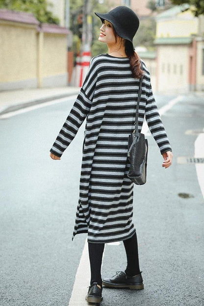 Gray Striped Loose Sweater Dresses for Winter