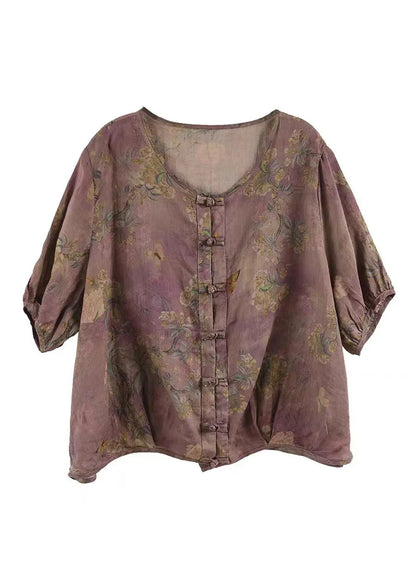 Handmade Coffee O-neck Print Button Ramie Shirts Short Sleeve