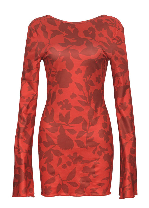 Red Backless Print Lace Up Cotton Dresses Flare Sleeve