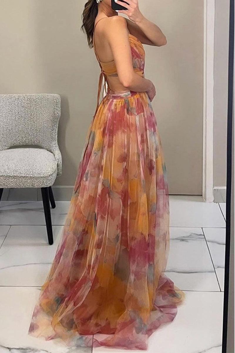 Gradient Print Backless Contrast V Neck Long Dresses
