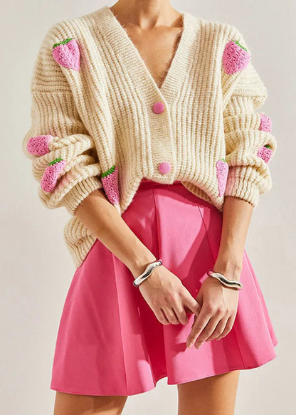 Beige V Neck Hook Flower Knit Cardigan Fall