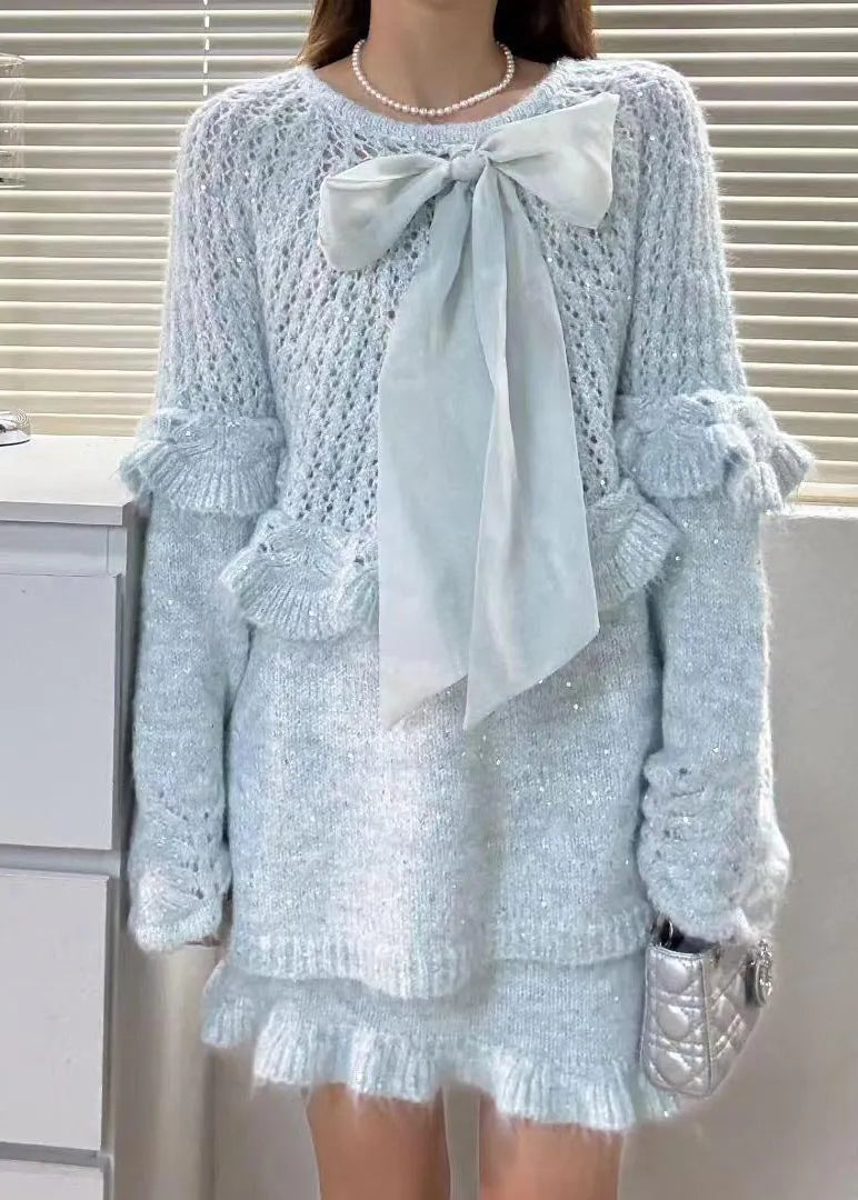 Sky Blue Ruffles Hollow Out Knit Two Piece Suit Set Fall
