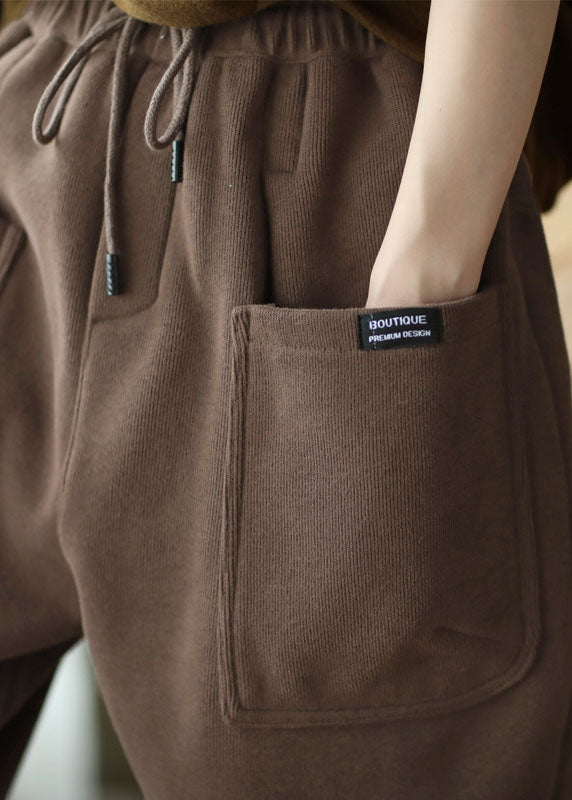 Khaki Elastic Waist Drawstring Pockets Warm Fleece Pants Winter