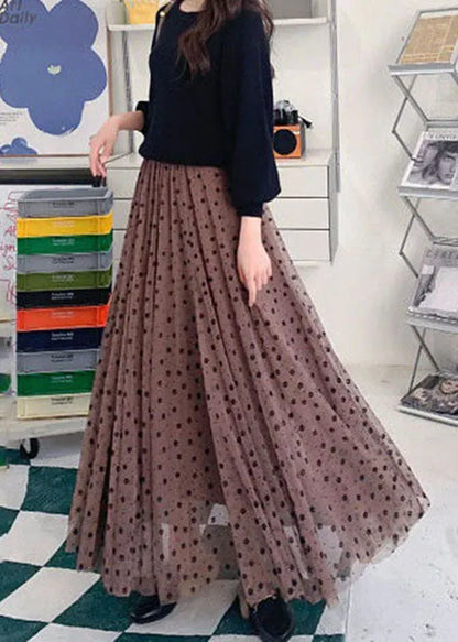 Coffee Wrinkled Print Patchwork Tulle Skirts Spring