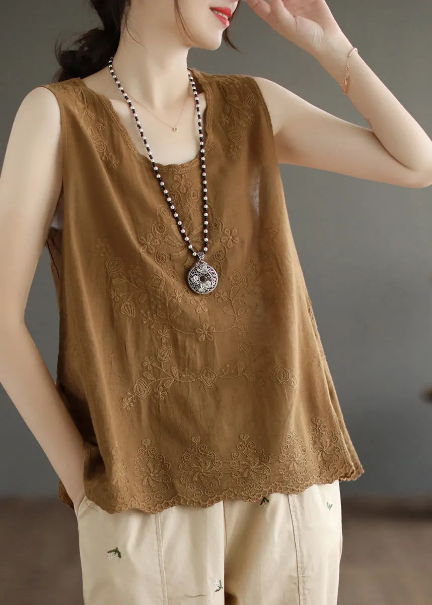 Simple Brown Yellow O-neck Cotton Tops Summer