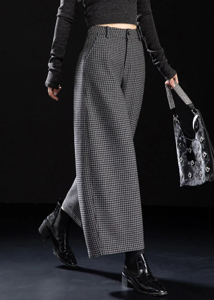 Fitted Grey Plaid Warm Fleece Wide Leg Pants Winter