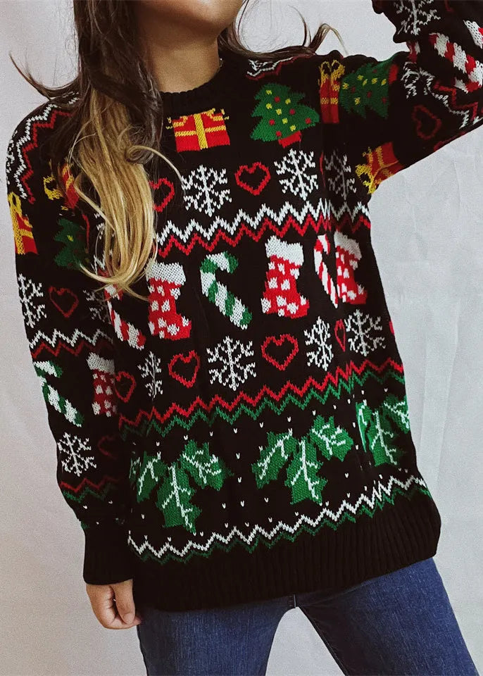 Loose Black O Neck Jacquard Christmas Knit Sweaters Winter