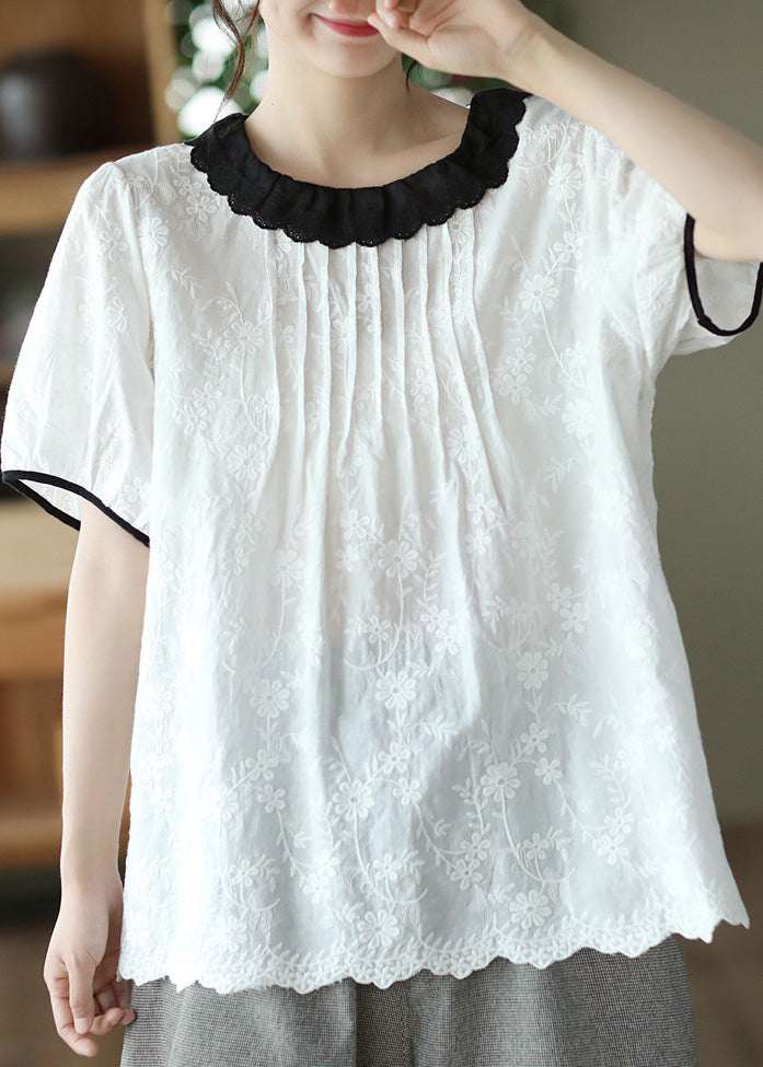 Modern White O-neck Embroidered Patchwork Wrinkled Cotton Top Short Sleeve