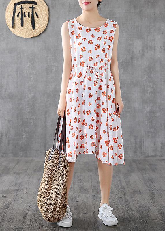 Handmade White Print Linen Long Shirts Sleeveless Cotton Summer Dress