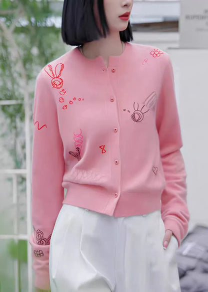 Black O Neck Button Print Knit Coat Fall