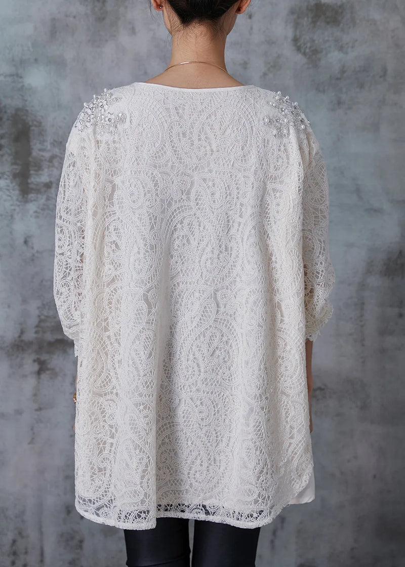 White Nail Bead Chinese Button Lace Top Summer