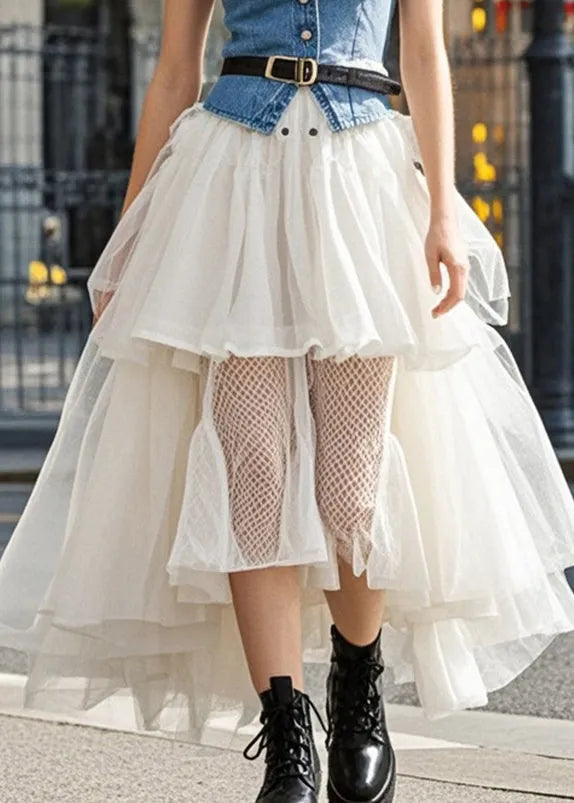 Classy White Asymmetrical Layered Tulle a Line Skirts Spring