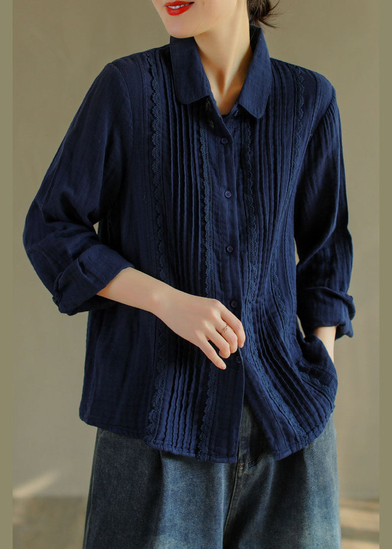 French Tibetan Blue Button Peter Pan Collar Lace Patchwork Cotton Shirt Tops Spring